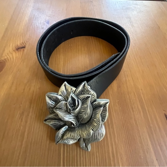 Vintage Rock Rebel Rose Silver Western Goth Buckle Black Leather Belt SZ 38 - Picture 9 of 10